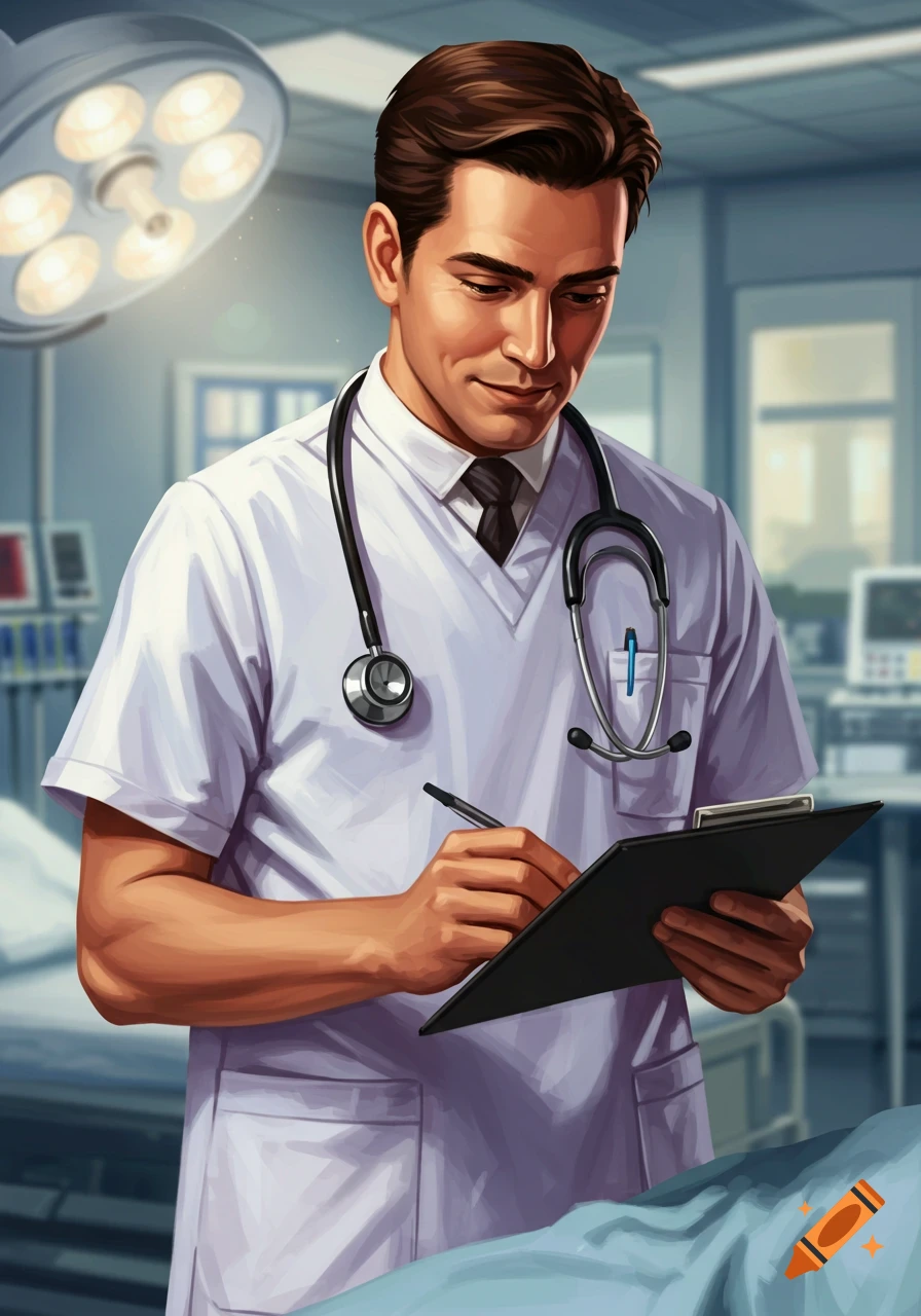 Illustration of a doctor in a hospital writing on a clipboard.