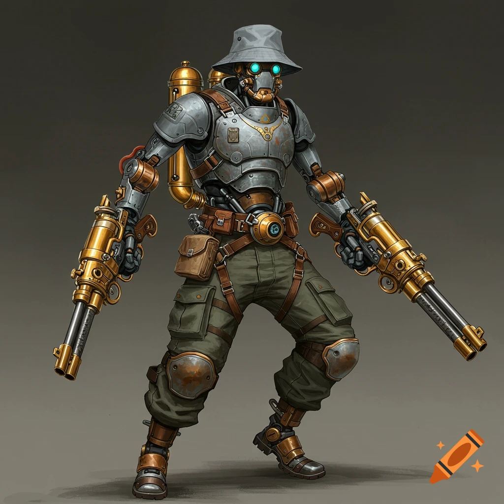 A full body illustration of a steampunk robot wearing a bucket hat, armor, and cargo pants, holding two large guns.