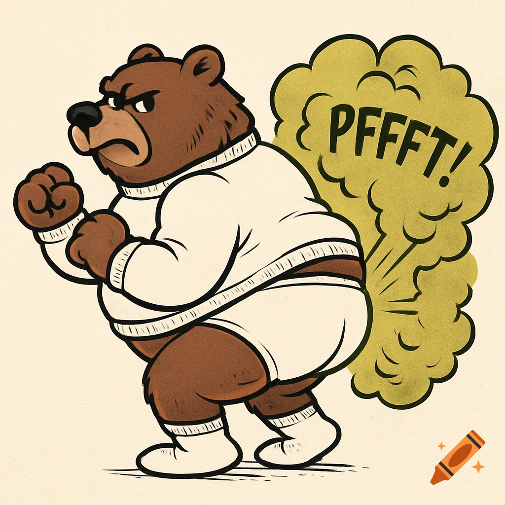 Cartoon grizzly bear in white sweater and briefs clenches fists while ...
