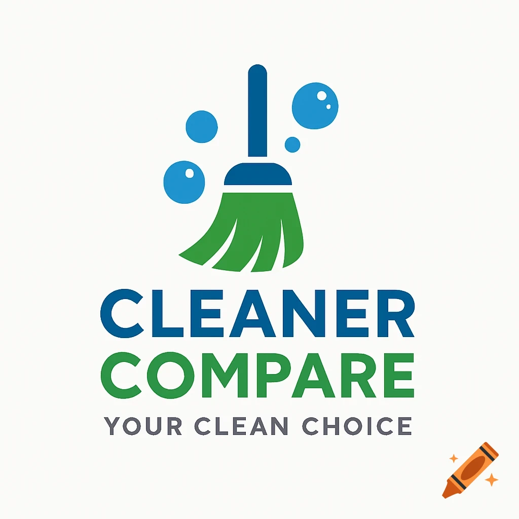 Logo for Cleaner Compare cleaning service with broom, bubbles, and tagline Your Clean Choice