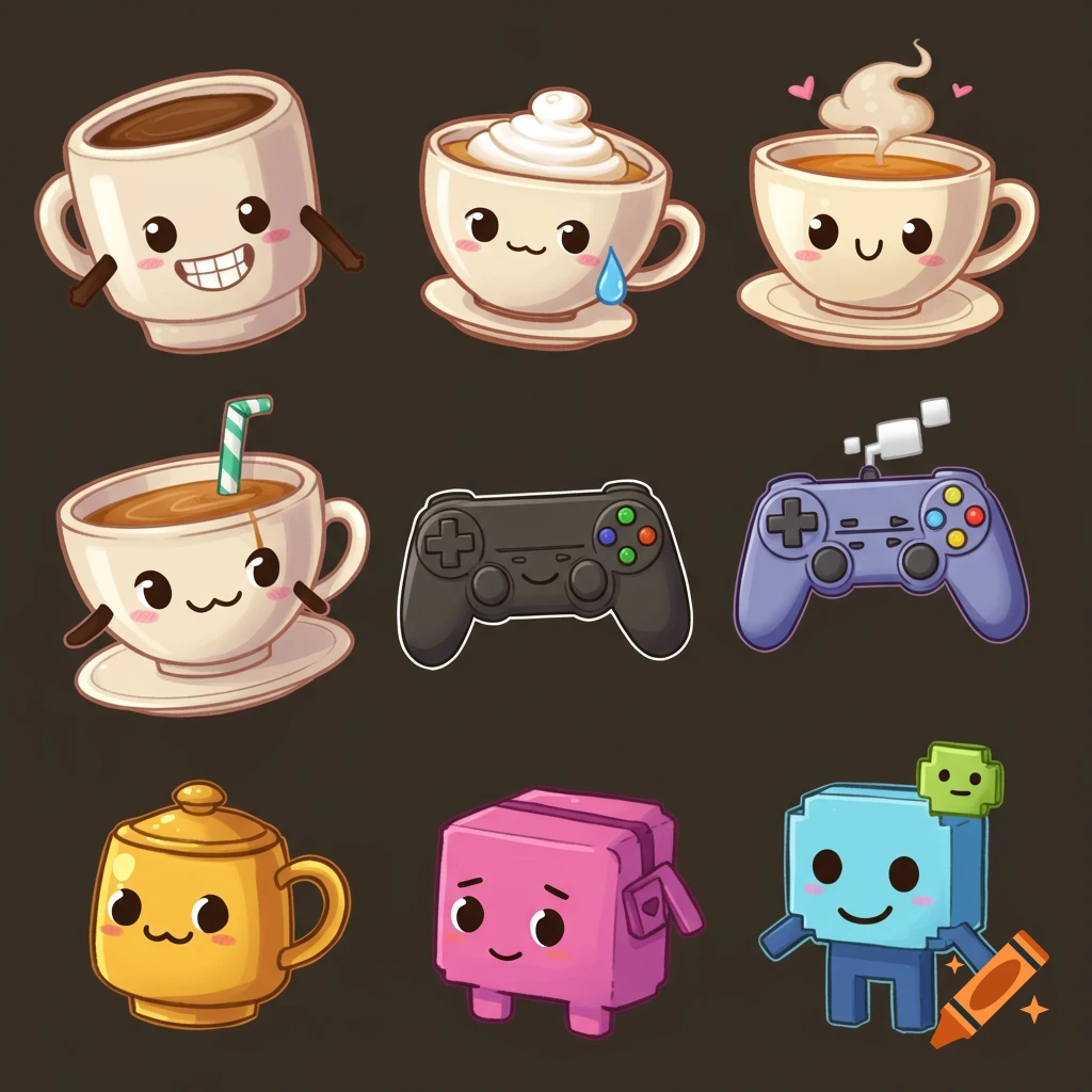 Cute cartoon stickers of coffee cups, game controllers, a teapot, and block characters on a brown background.