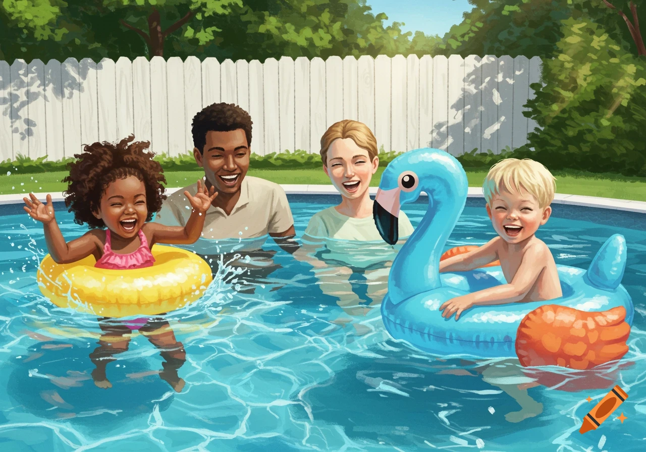 An illustration of a family swimming in a pool with inflatable toys.
