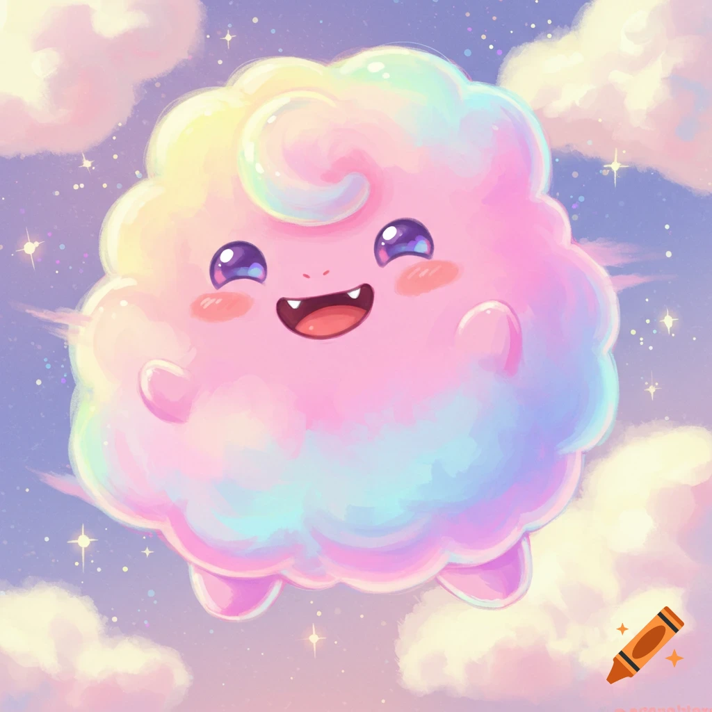 A cute, fluffy, pink and rainbow creature floats in a cloudy sky with stars.