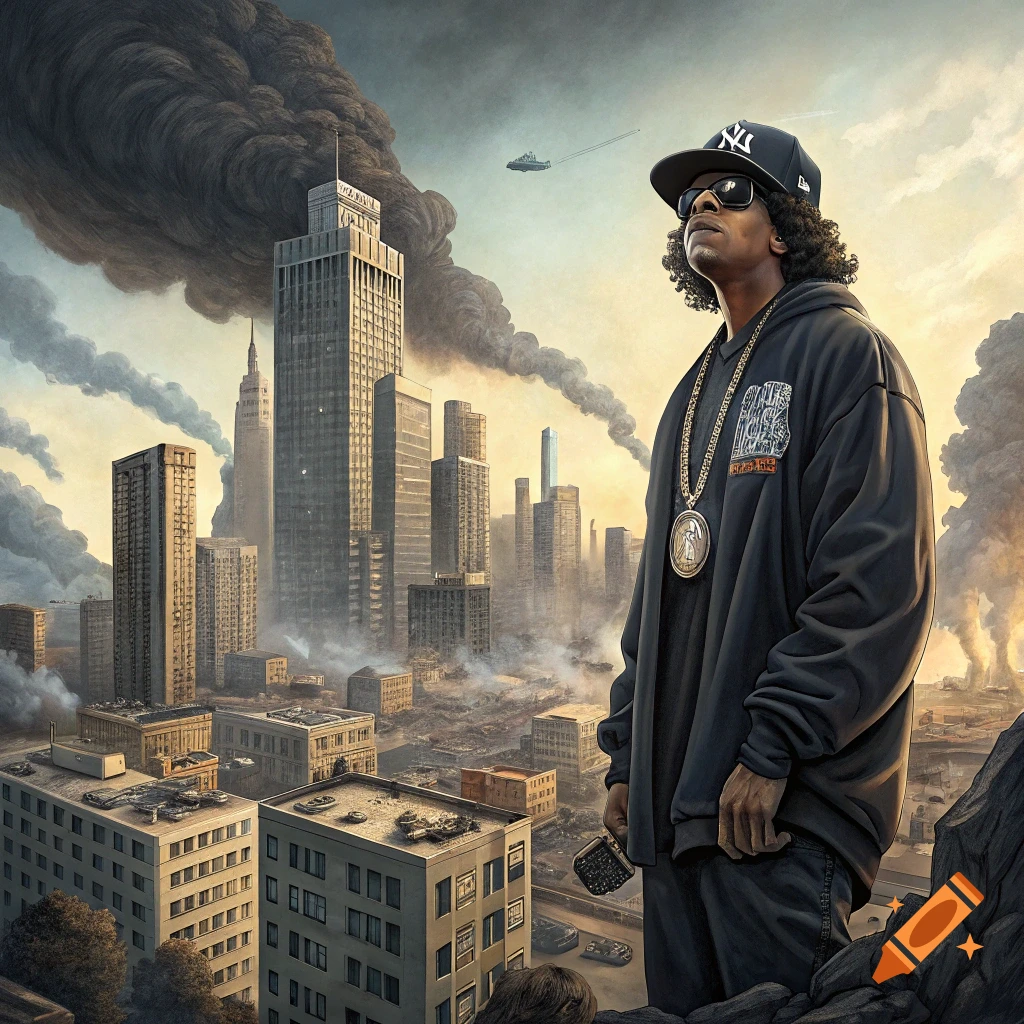 Illustration of Eazy E looking down at a damaged city covered in smoke