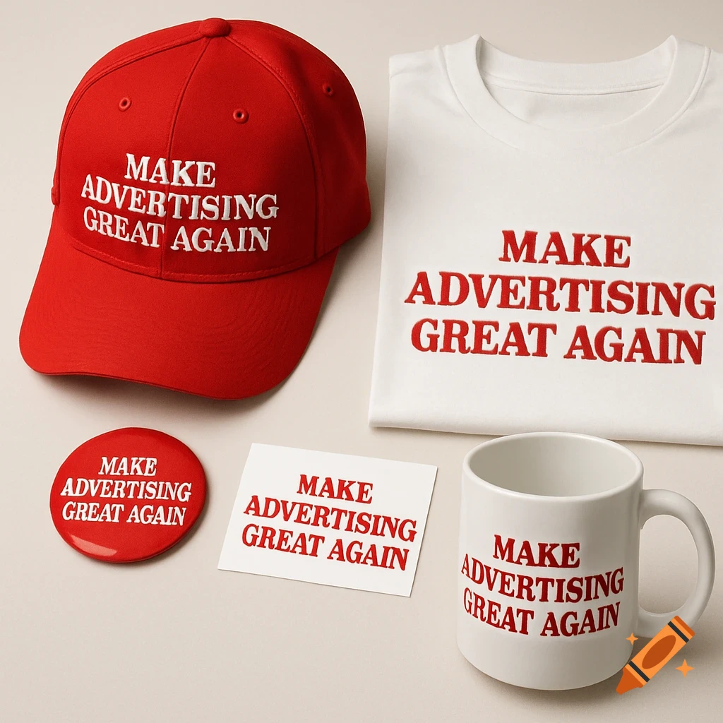 Red hat, white t-shirt, red button pin, white card, and white mug all bearing the text 'MAKE ADVERTISING GREAT AGAIN' in red.