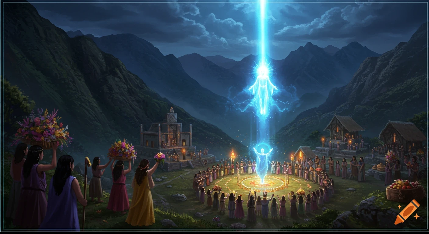 Night ceremony in mountains, glowing figure rises into blue light above crowd.