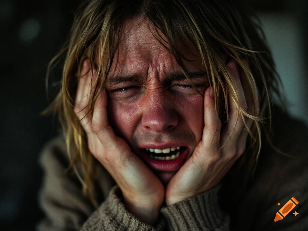 Close-up of a person with long blond hair crying and holding their head in their hands, dramatic lighting.