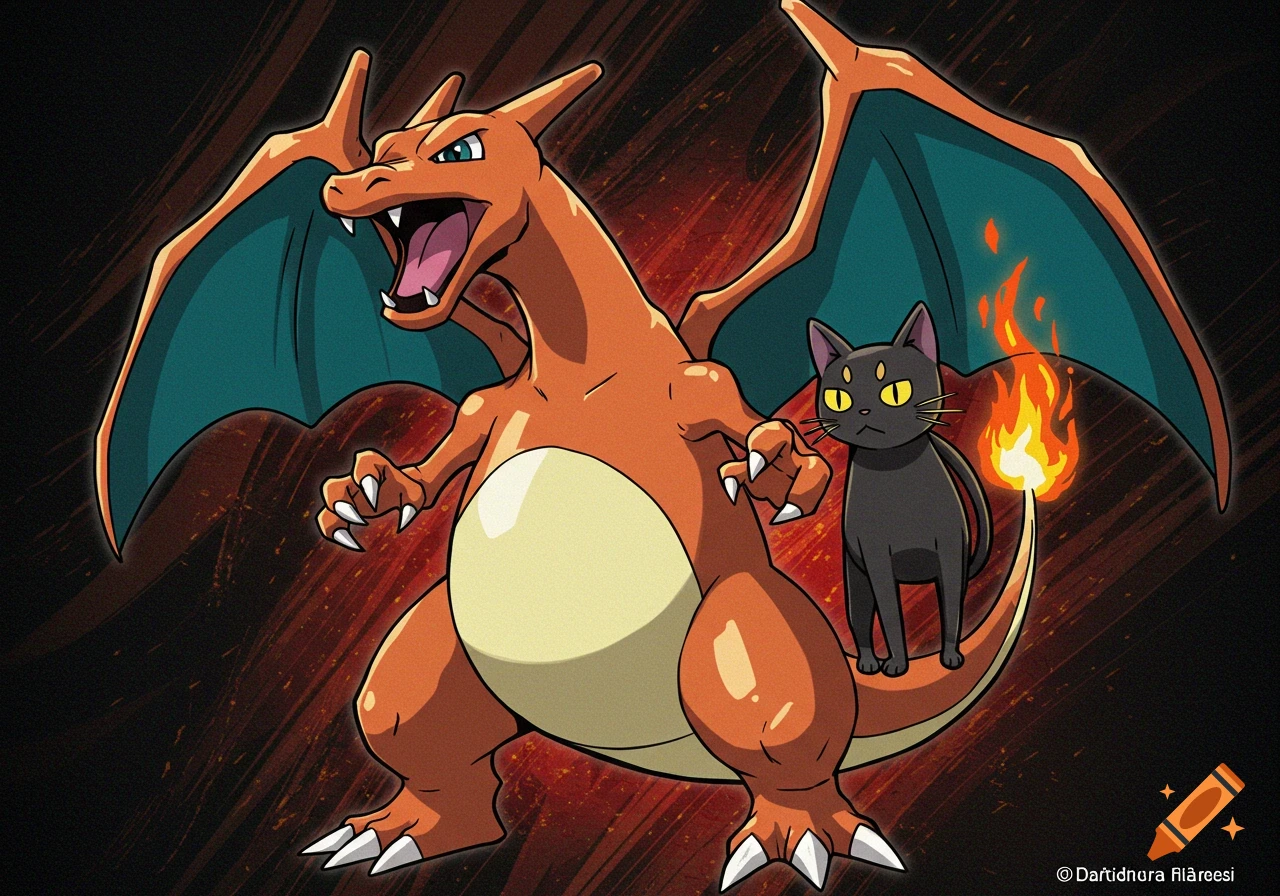 Cartoon illustration of an orange Charizard roaring with a black cat standing on its tail.