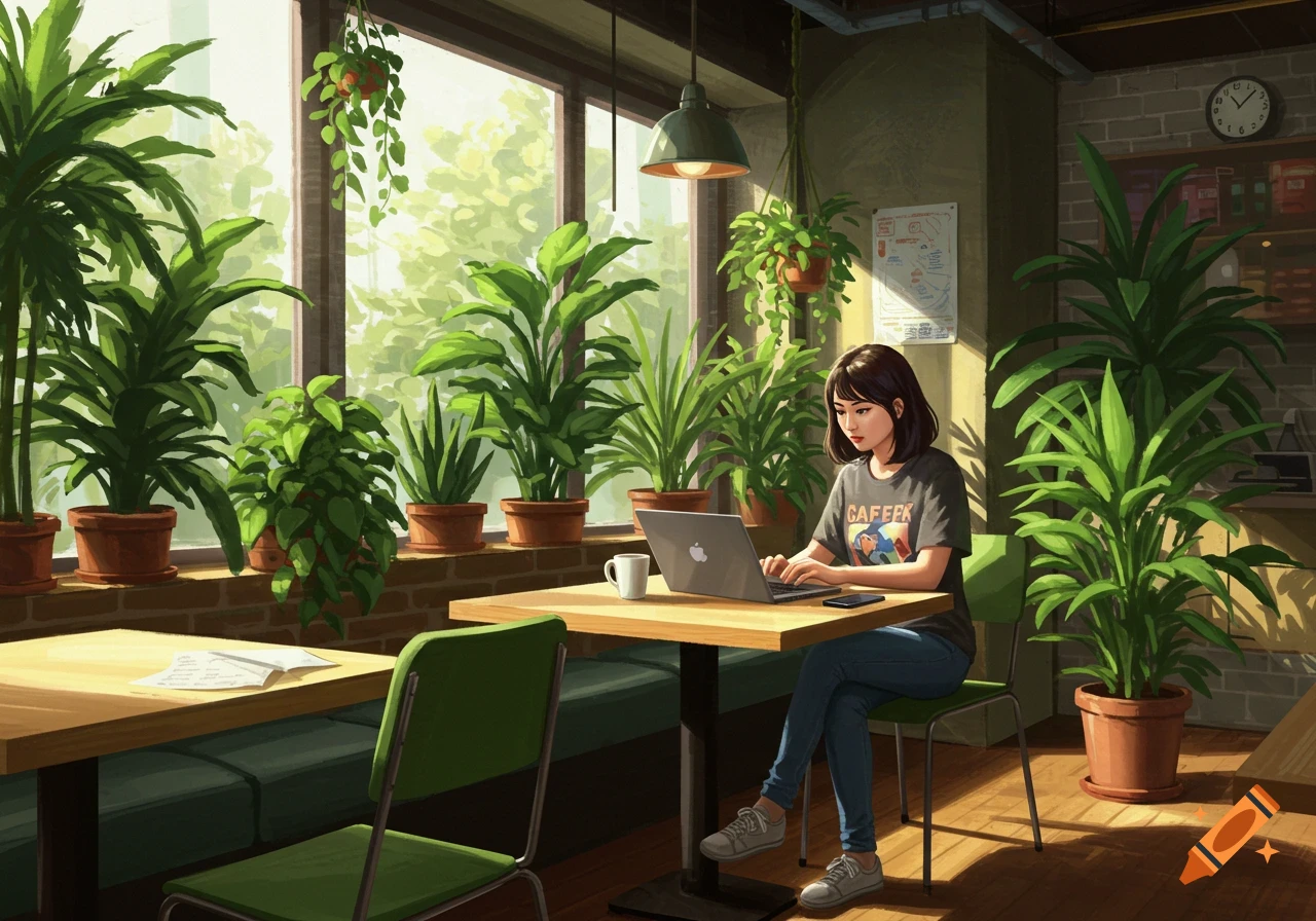 A woman works on a laptop at a table in a cafe filled with many potted plants next to large windows.