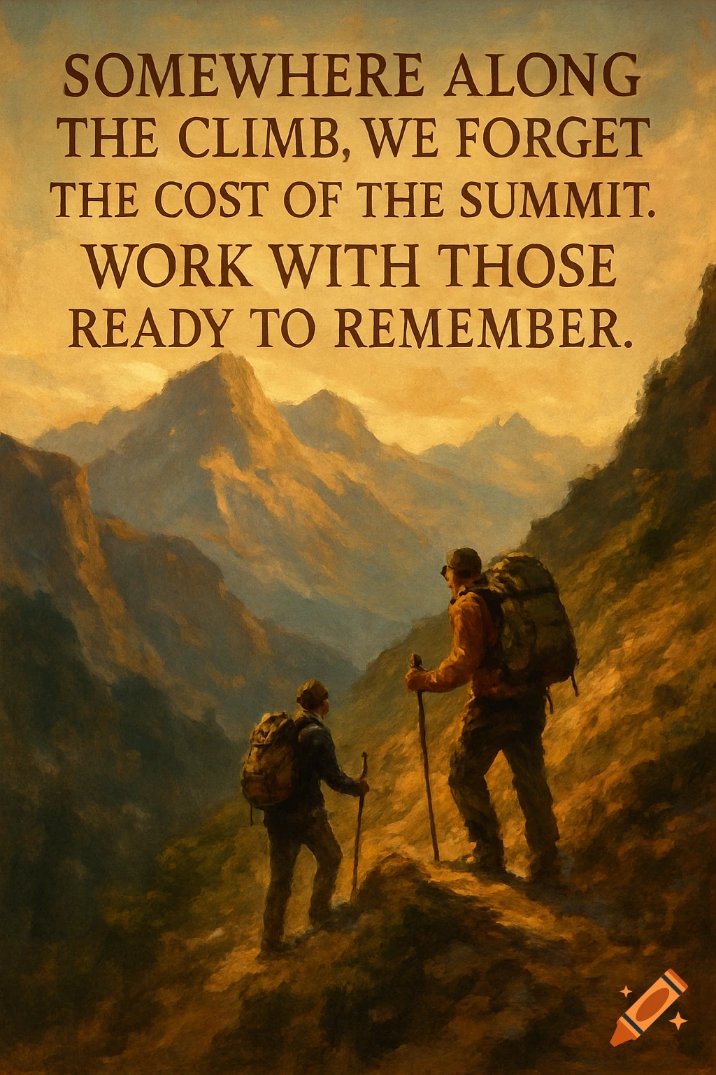 Painterly image of two hikers climbing a mountain with motivational text overlay about the cost of the summit.