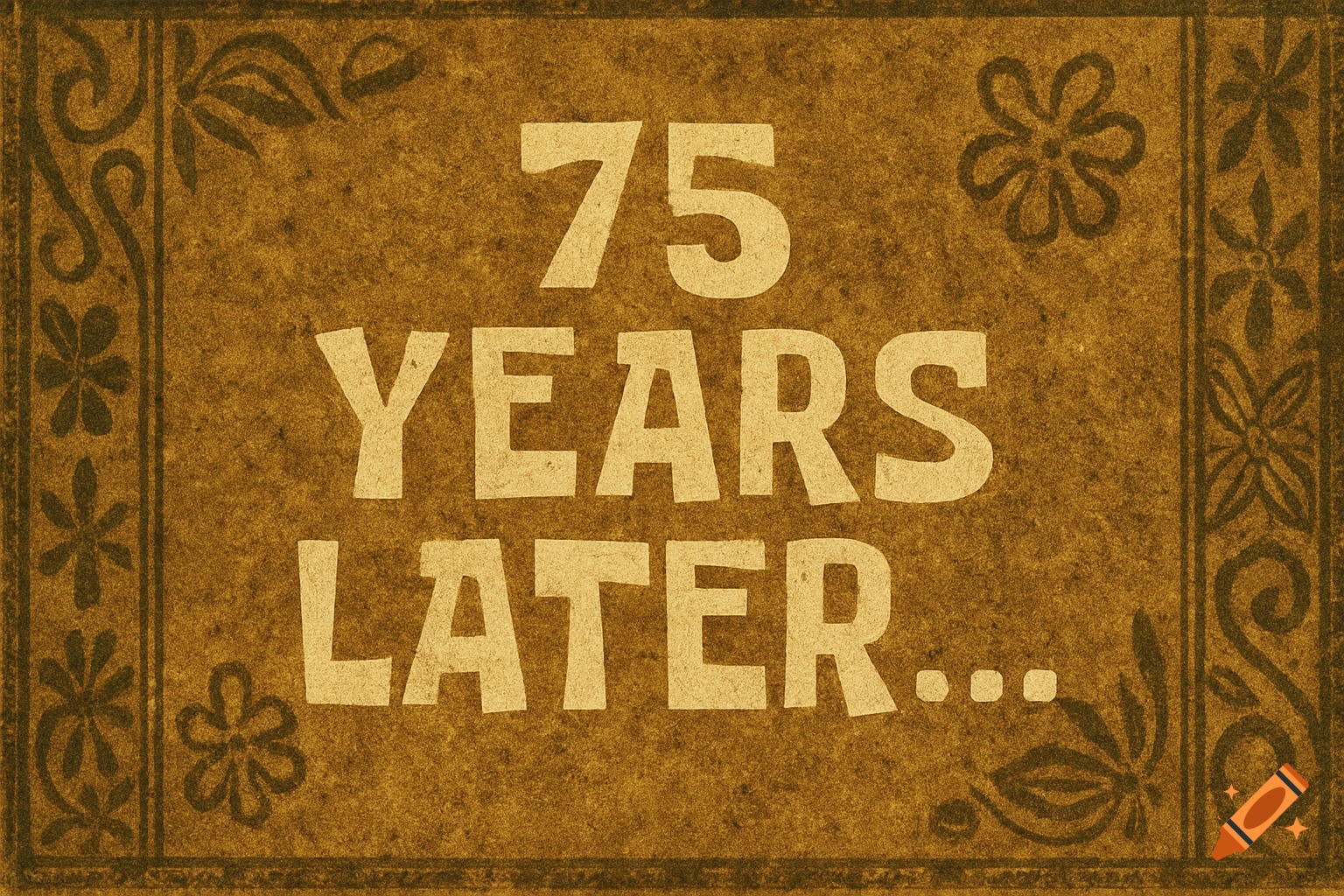 A textured brown graphic with a dark border and floral pattern reads "75 YEARS LATER..." in light beige text, styled like a SpongeBob time card.