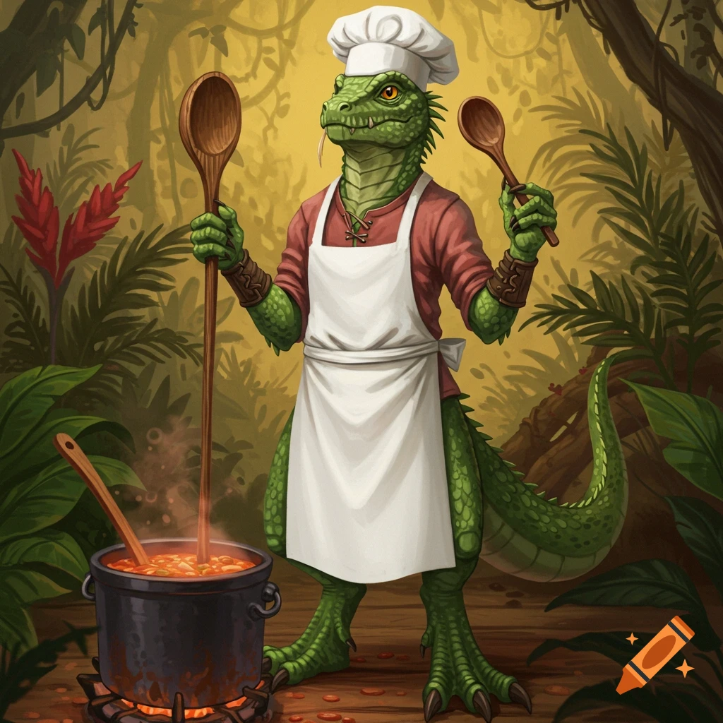 A lizard person wearing a chef's hat and apron stirs a pot of stew in a jungle setting.