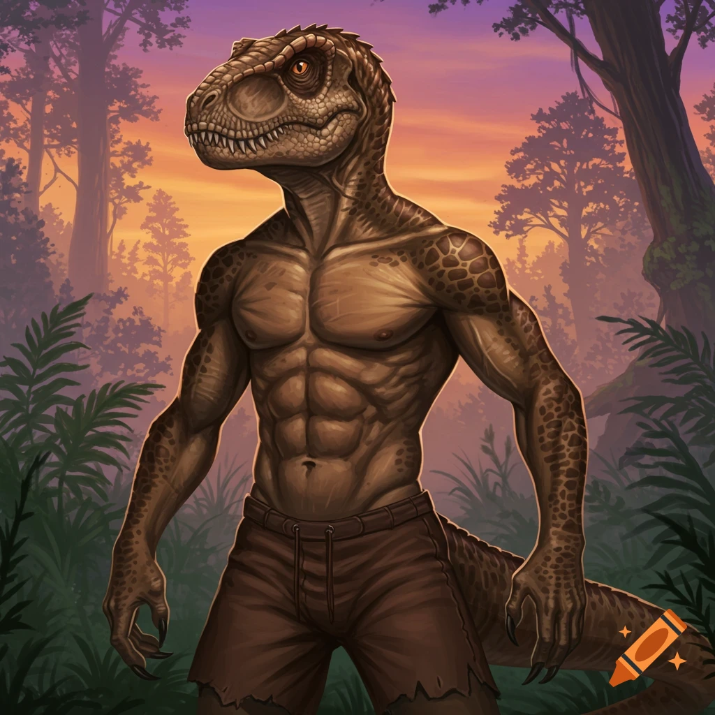 A muscular dinosaur-humanoid stands in a jungle setting at sunset.