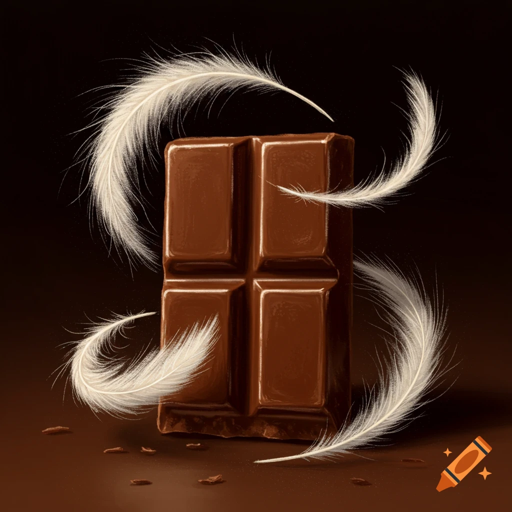 Digital illustration of a bar of chocolate surrounded by white feathers.