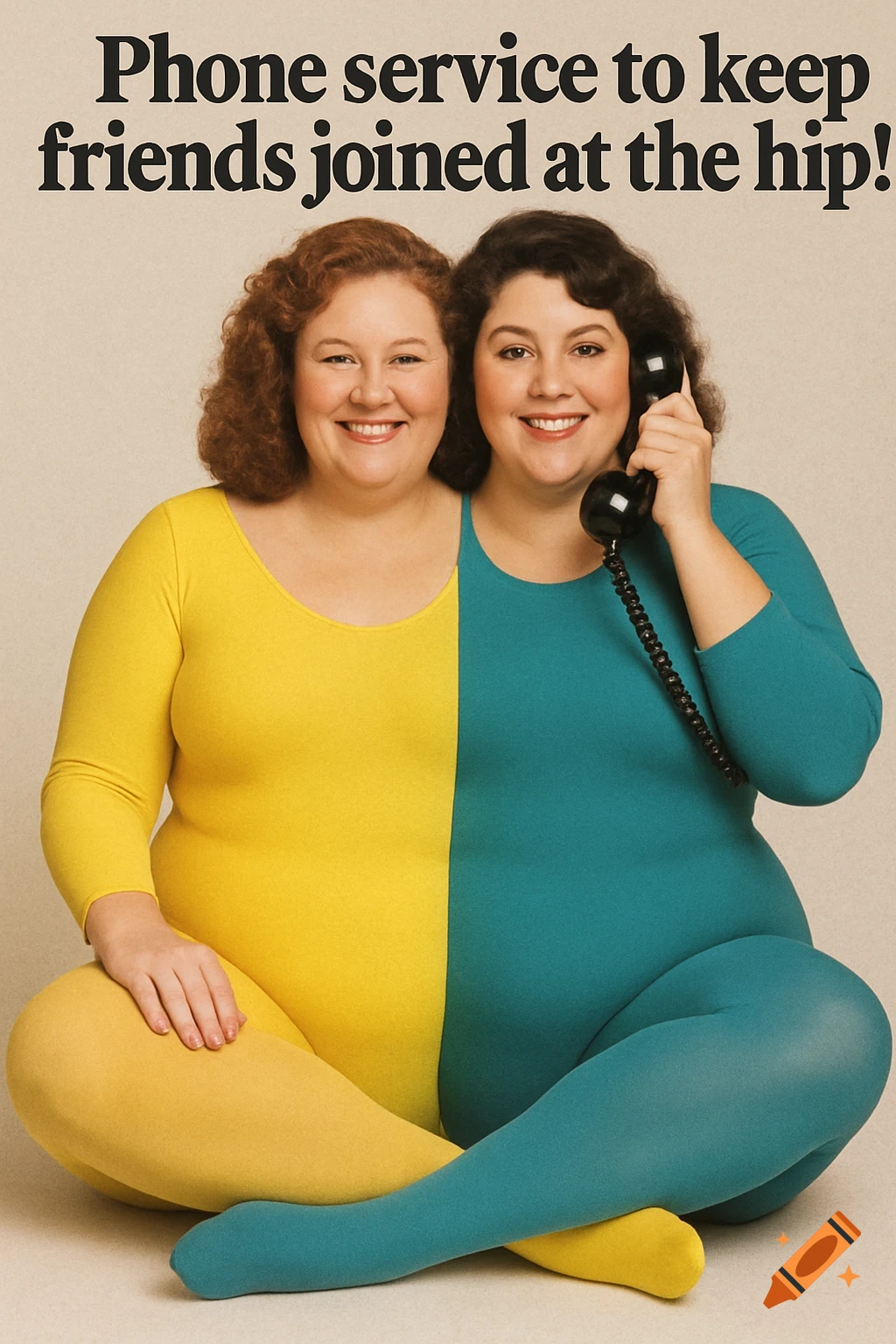 Vintage phone service ad shows two smiling women merged into one body in yellow and teal leotards, with text.
