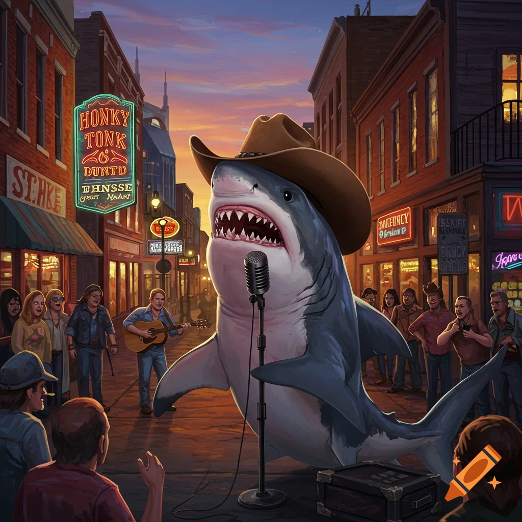 A shark wearing a cowboy hat sings into a microphone on a street in front of buildings with neon signs, with a crowd watching.