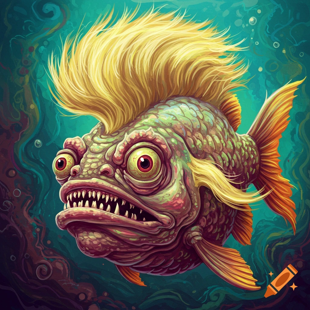 Ugly cartoon fish with a blond mullet swimming underwater.