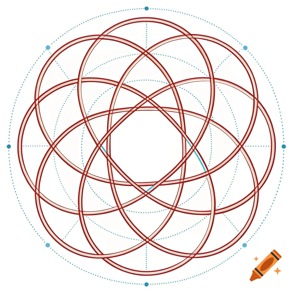 Abstract geometric pattern of red interlocking circles within a blue dotted circle.