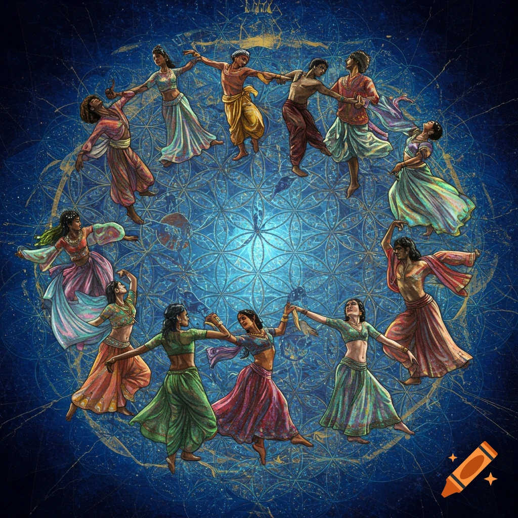 Circle of dancers on a blue sacred geometry background illustration
