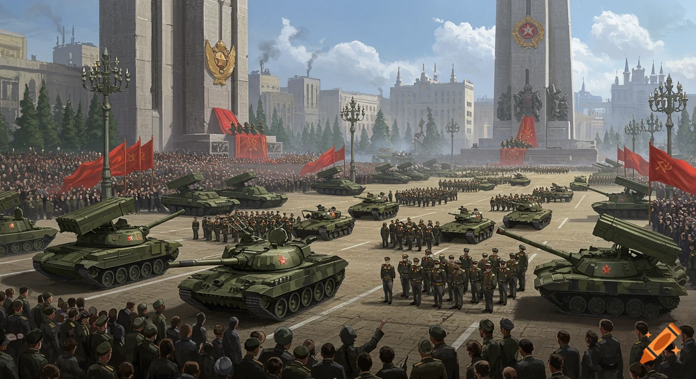 A realistic painting of a military parade with tanks and soldiers marching past large buildings.