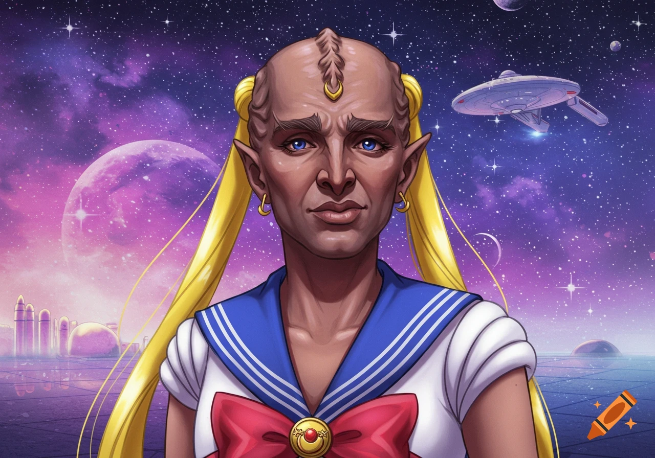 A Klingon character in a Sailor Moon uniform stands in space with a spaceship.
