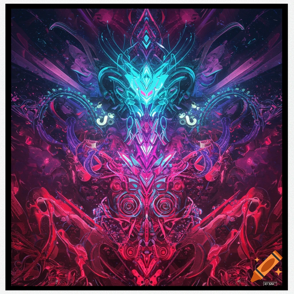 A symmetrical abstract digital artwork in vibrant neon pink and blue psychedelic style.