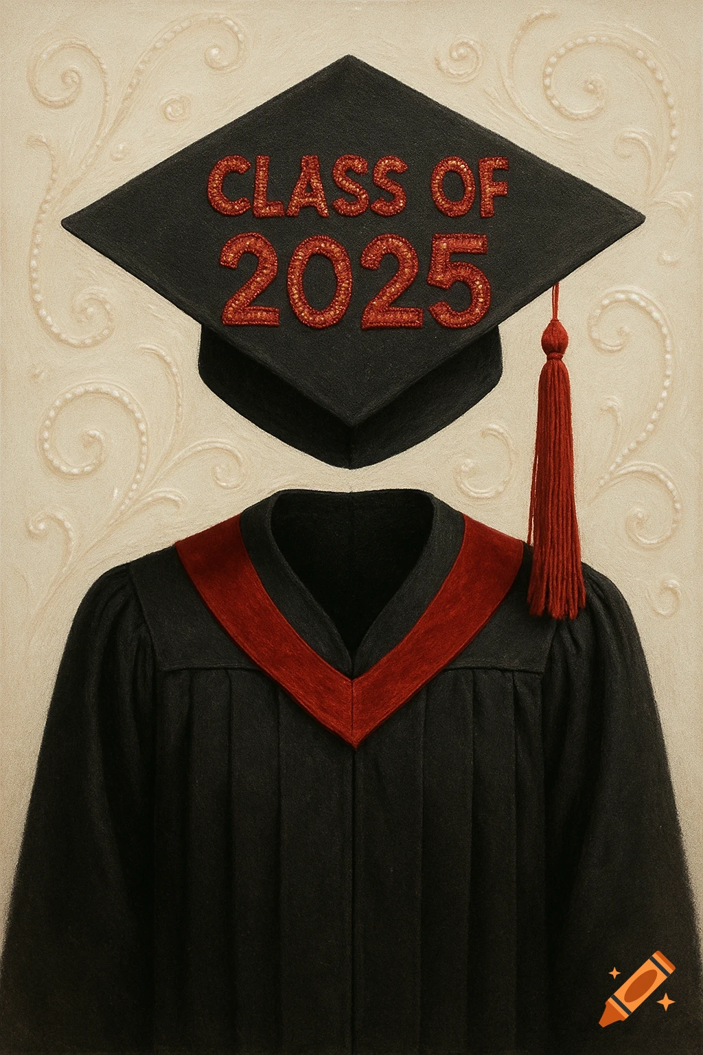Black graduation cap and gown with "CLASS OF 2025" in red glitter on the cap and a red stole.