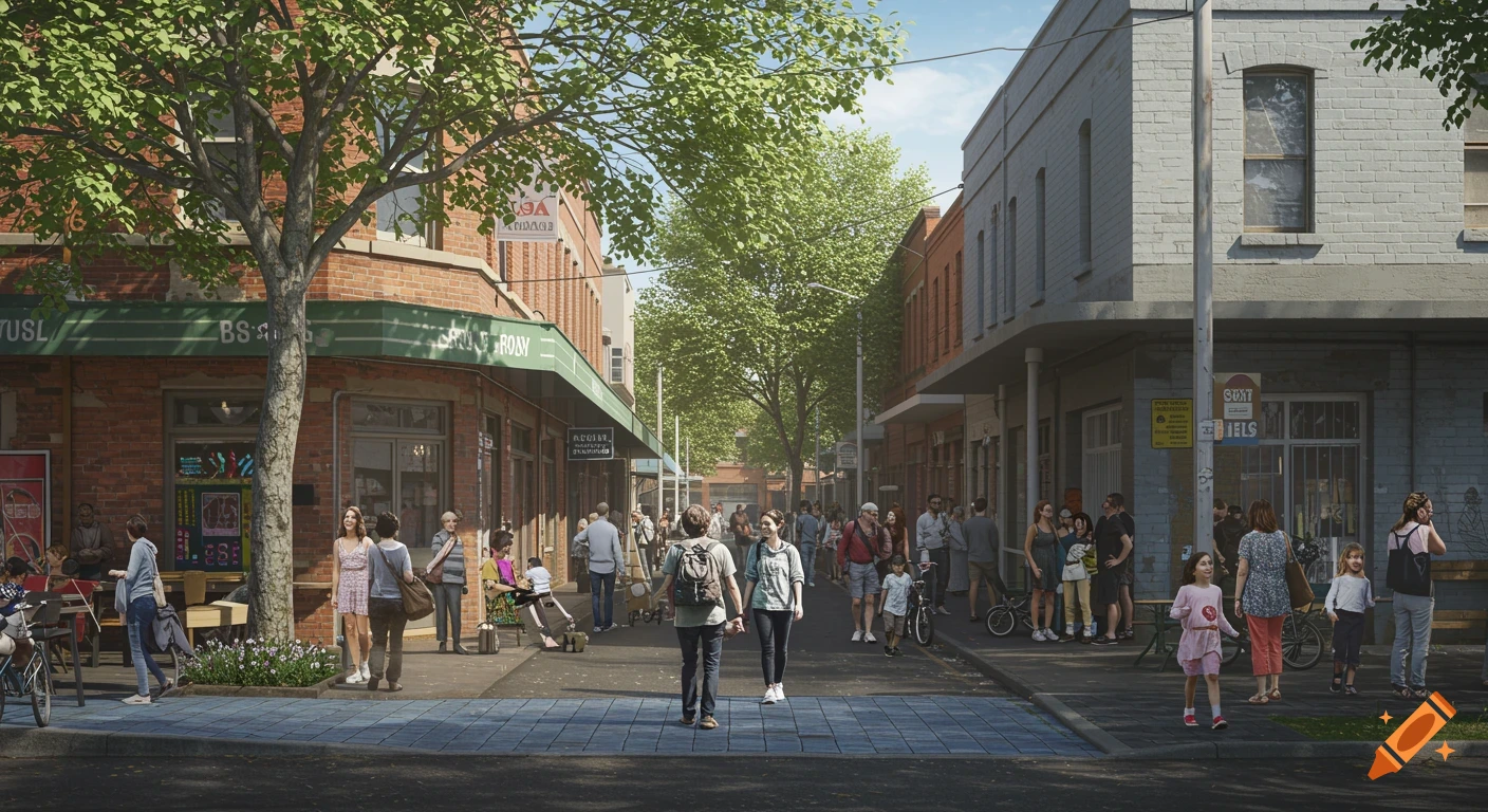 A busy street scene with people walking and standing on a sidewalk in front of shops and buildings.