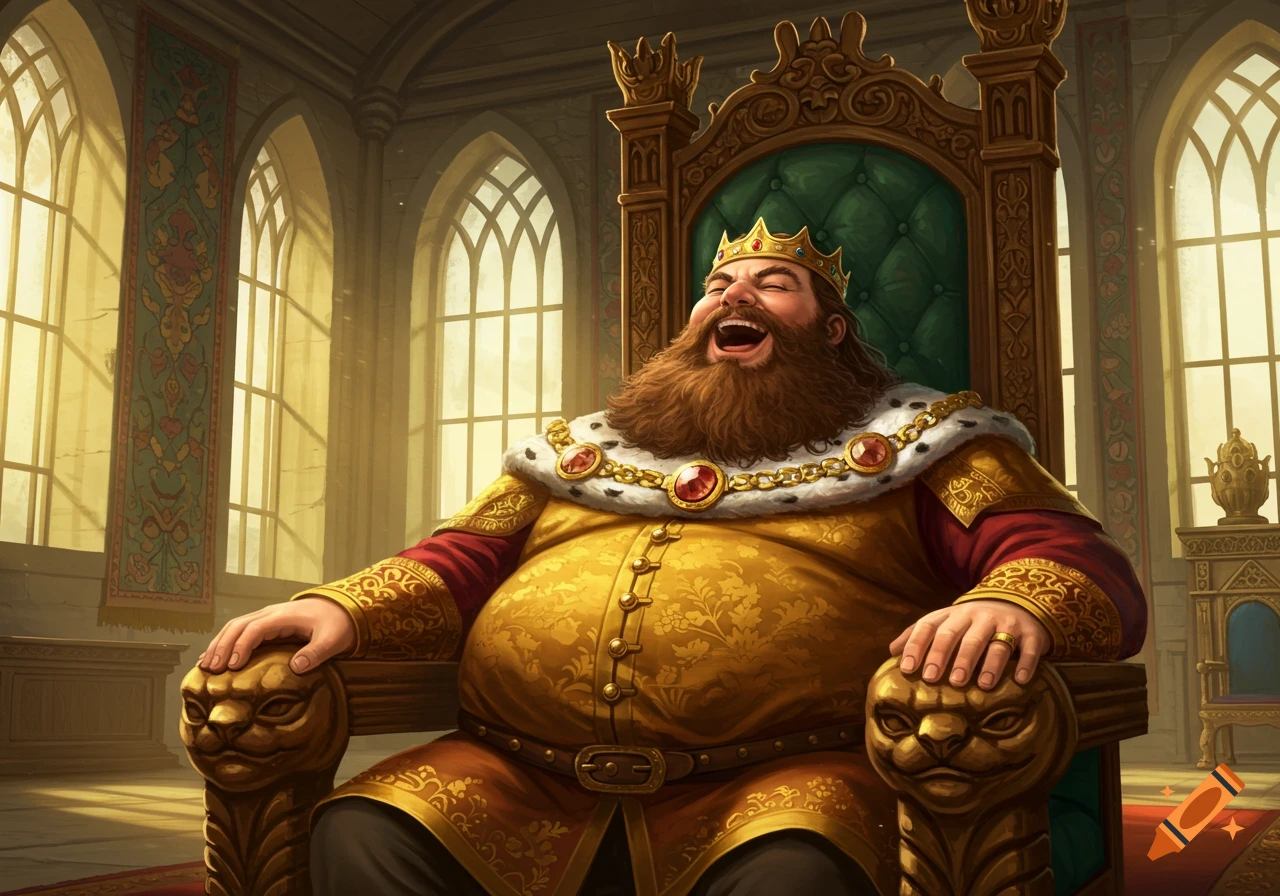 A fat bearded king wearing a crown and gold robes laughs heartily while sitting on a large throne in a grand hall.