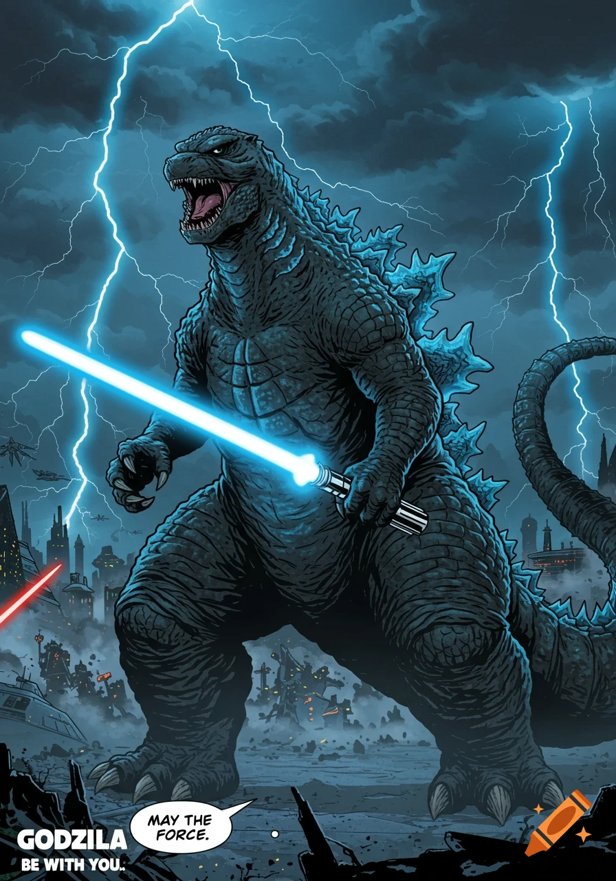 Godzilla holds a blue lightsaber in a sci-fi city during a lightning storm, comic art style.