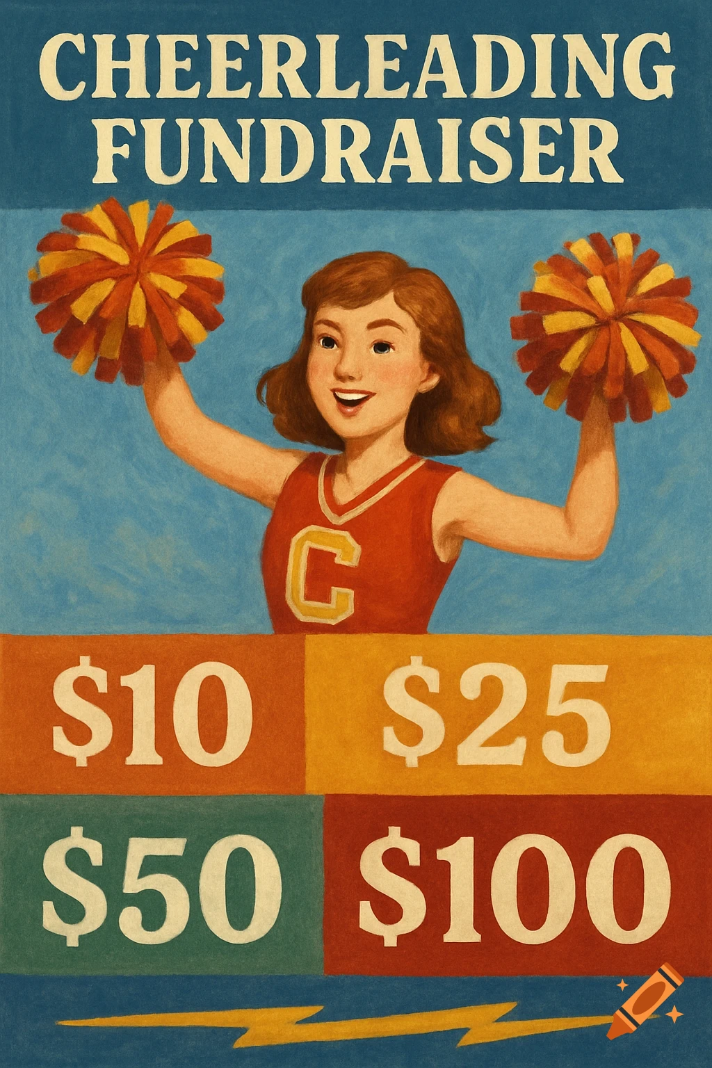 Poster advertising a cheerleading fundraiser, featuring a cheerleader and donation amounts.