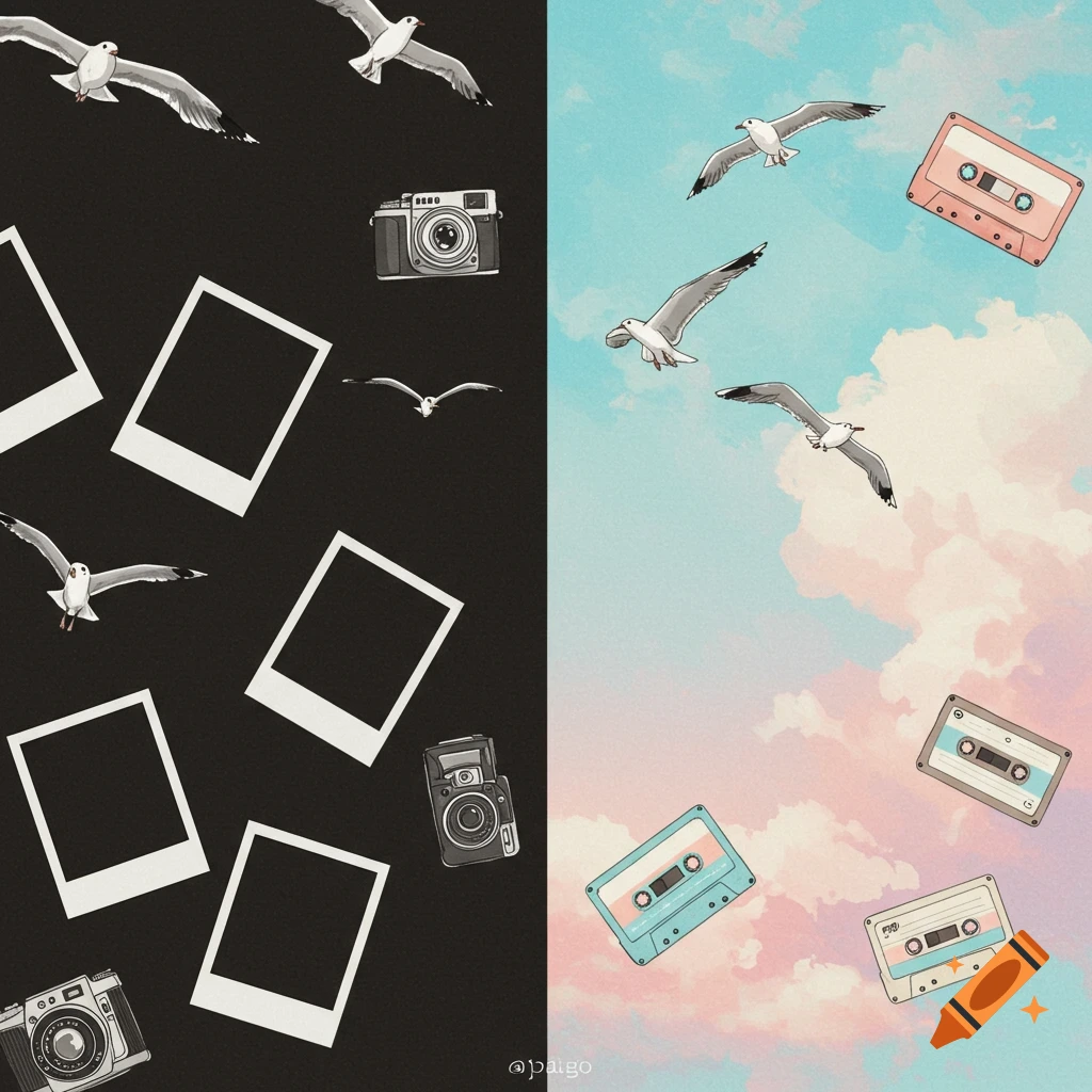 Retro split image with black and white side featuring polaroids, cameras, tapes, seagulls and a pastel sky side with the same floating objects.