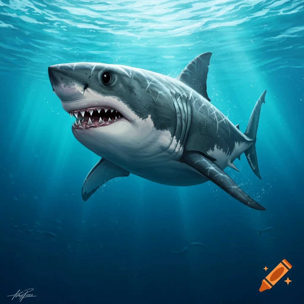 An illustration of a great white shark swimming underwater with sunlight rays filtering through.