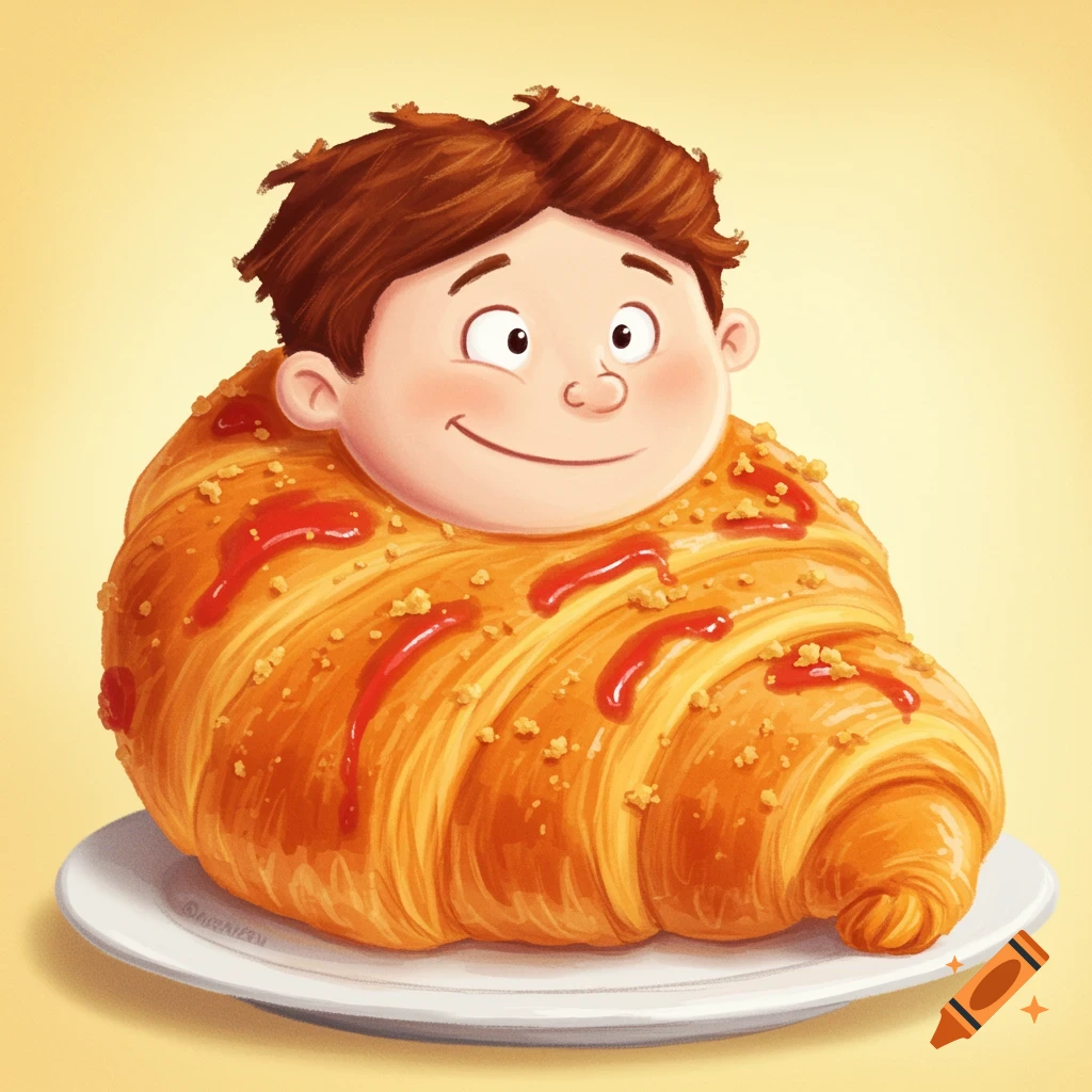 Cartoon boy's head on a croissant with red icing on a plate