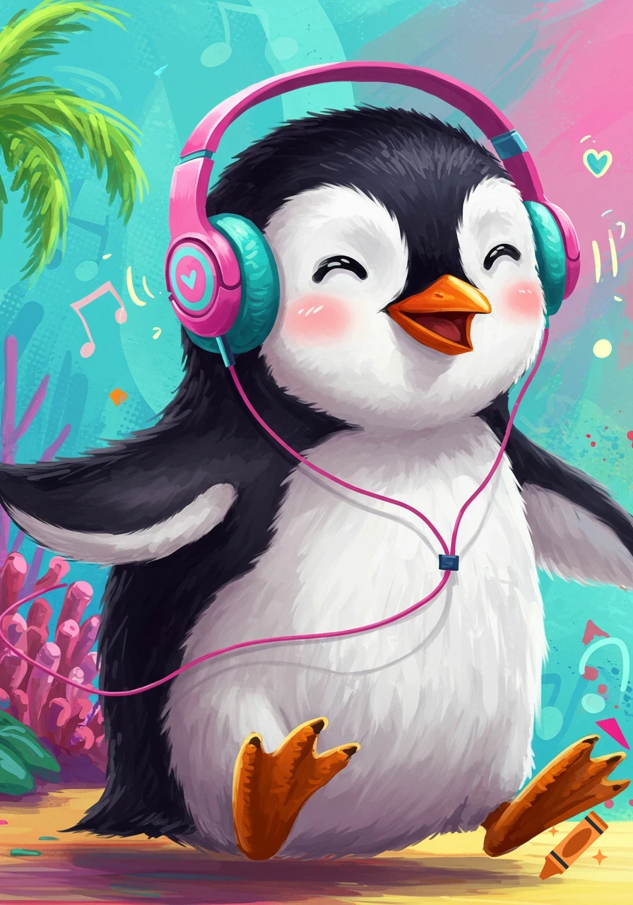 Cute cartoon penguin wearing pink headphones and smiling while listening to music.