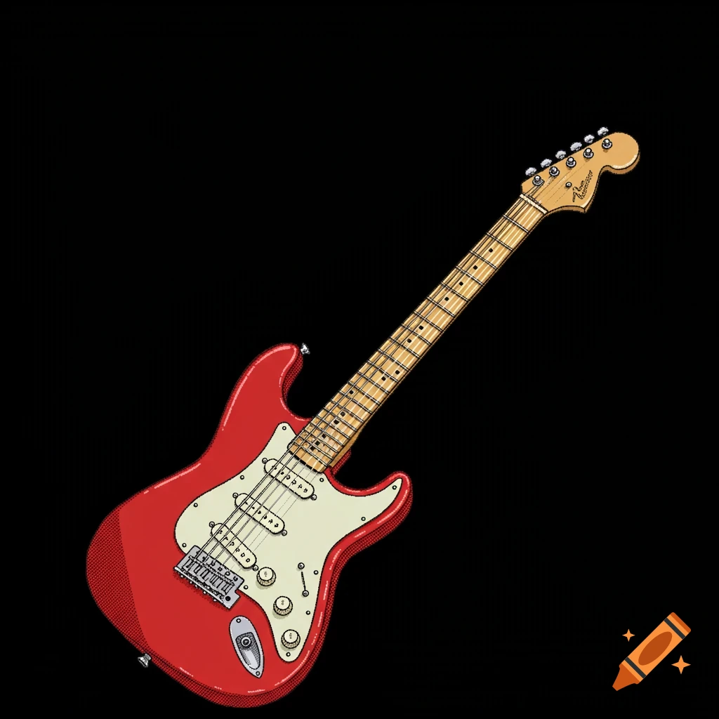 Red electric guitar in pixel art style.