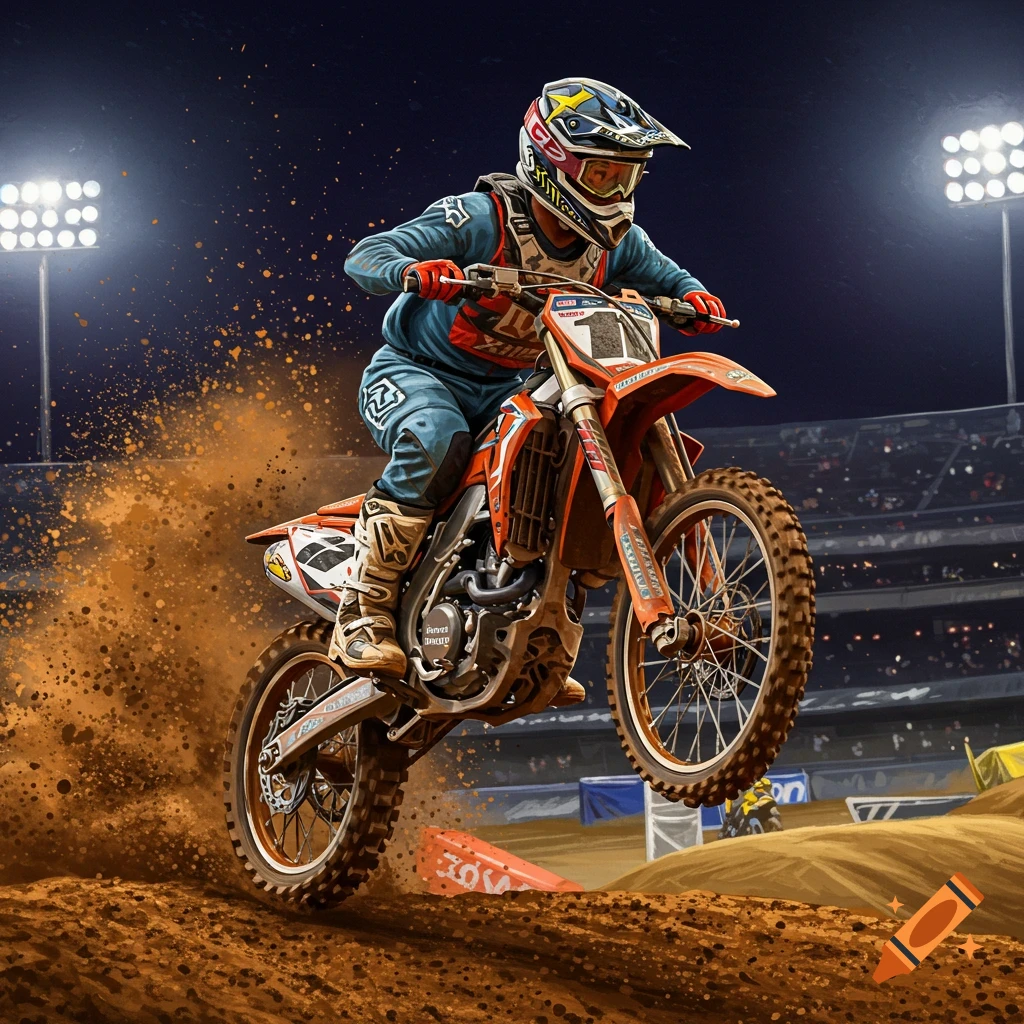 A motocross rider on a dirt bike jumps at a night stadium event, kicking up dirt.