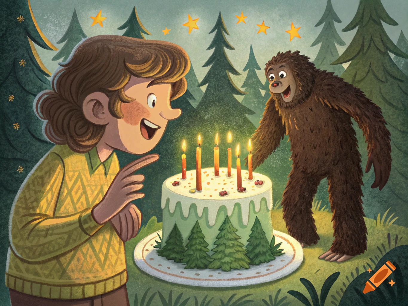 A person and Bigfoot celebrate a birthday with a cake in a forest setting, cartoon style.