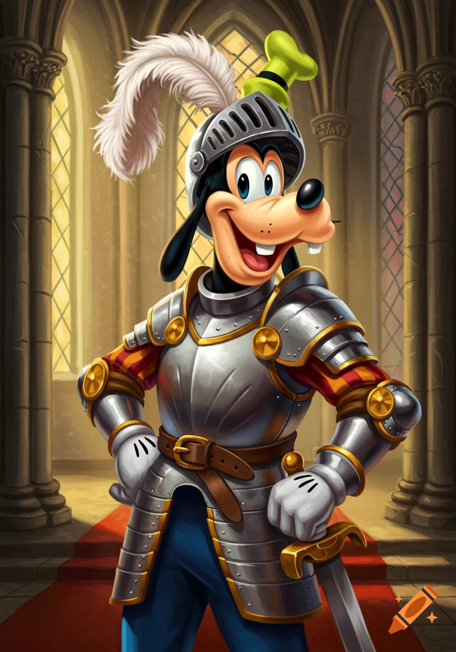 Goofy in knight armor standing in a castle hall, illustration
