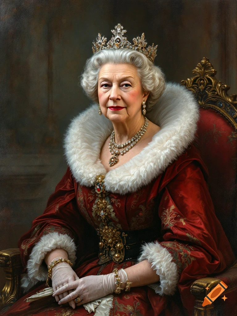 Portrait of a woman in a crown, red and white fur robe, and jewelry, seated on a throne-like chair, in a classical painting style.