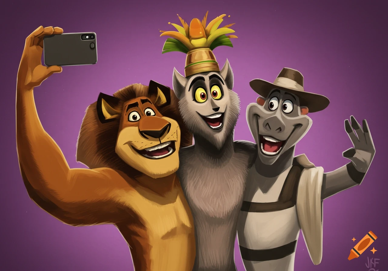 Alex, King Julien, and Melman from Madagascar take a selfie against a purple background.