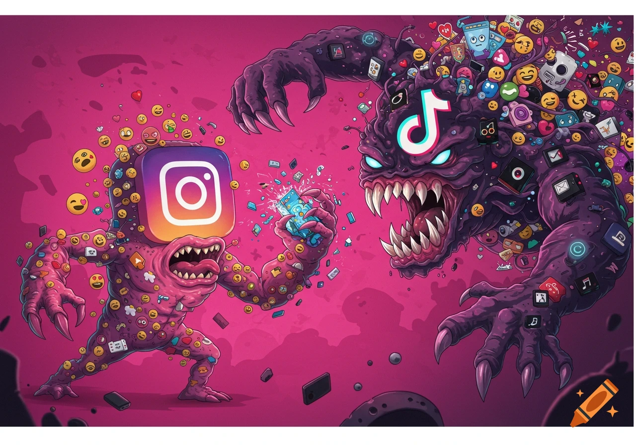 Two cartoon monsters, one with an Instagram logo face and one with a TikTok logo face, are fighting.