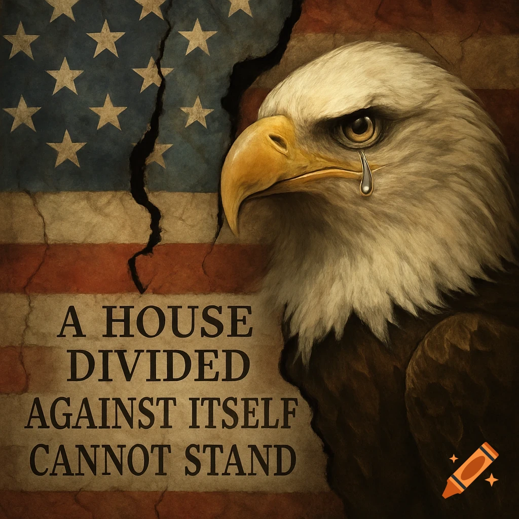 Stylized art of a crying bald eagle next to a torn American flag with the text 'A house divided against itself cannot stand'.