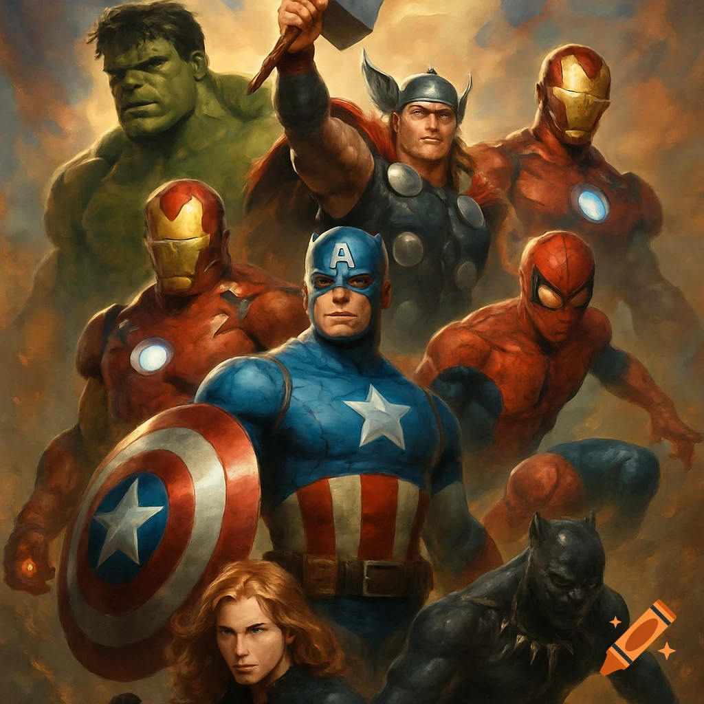 A group of Marvel superheroes including Captain America, Iron Man, Thor, Hulk, and Spider-Man in a painterly style.