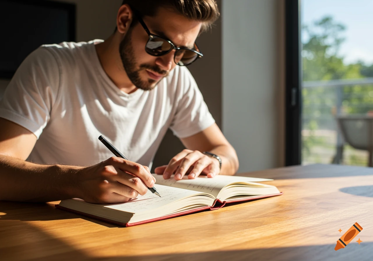 A man wearing sunglasses writes in a red notebook on a sunny wooden desk.