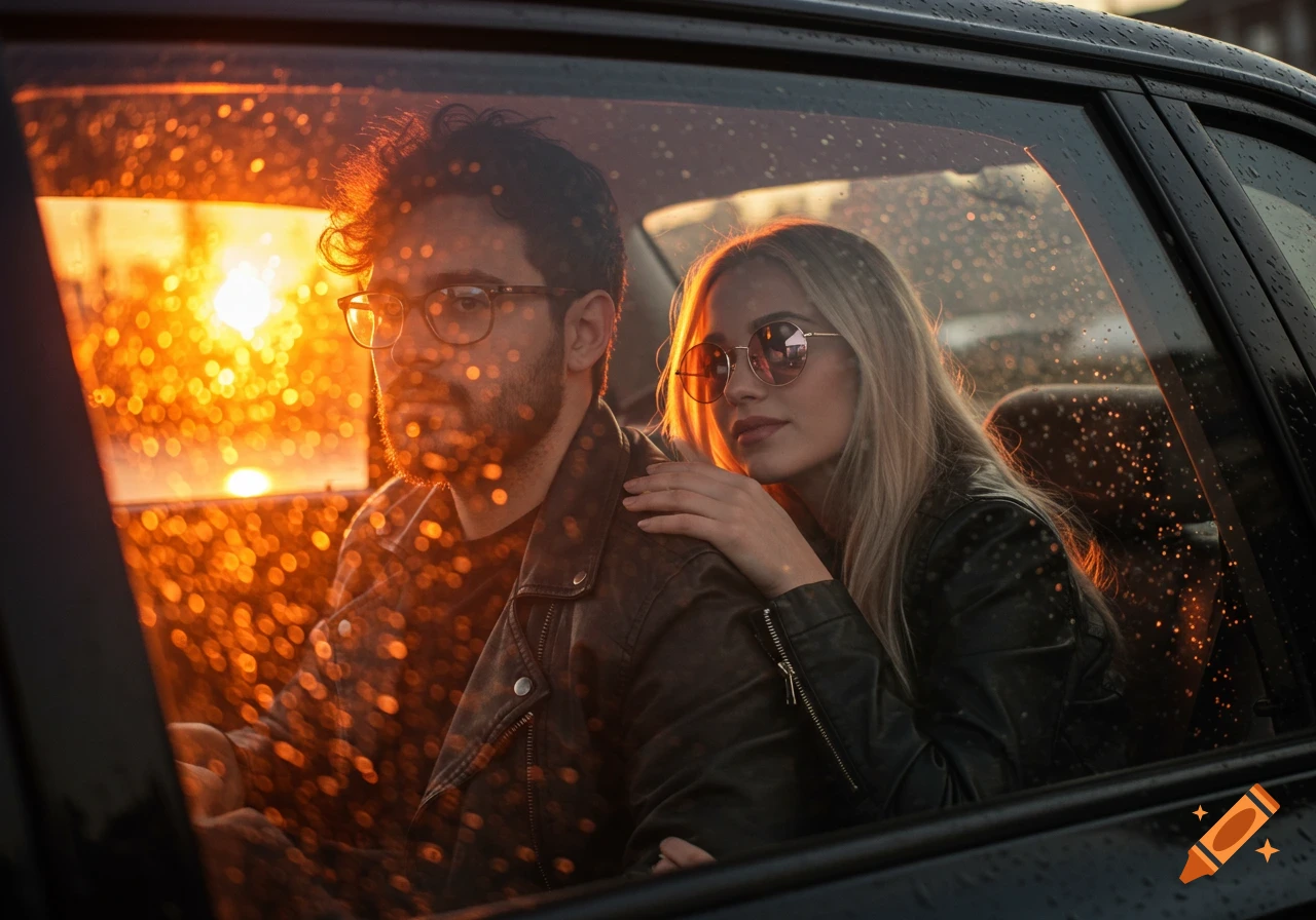 Couple in car viewed through rainy window at sunset