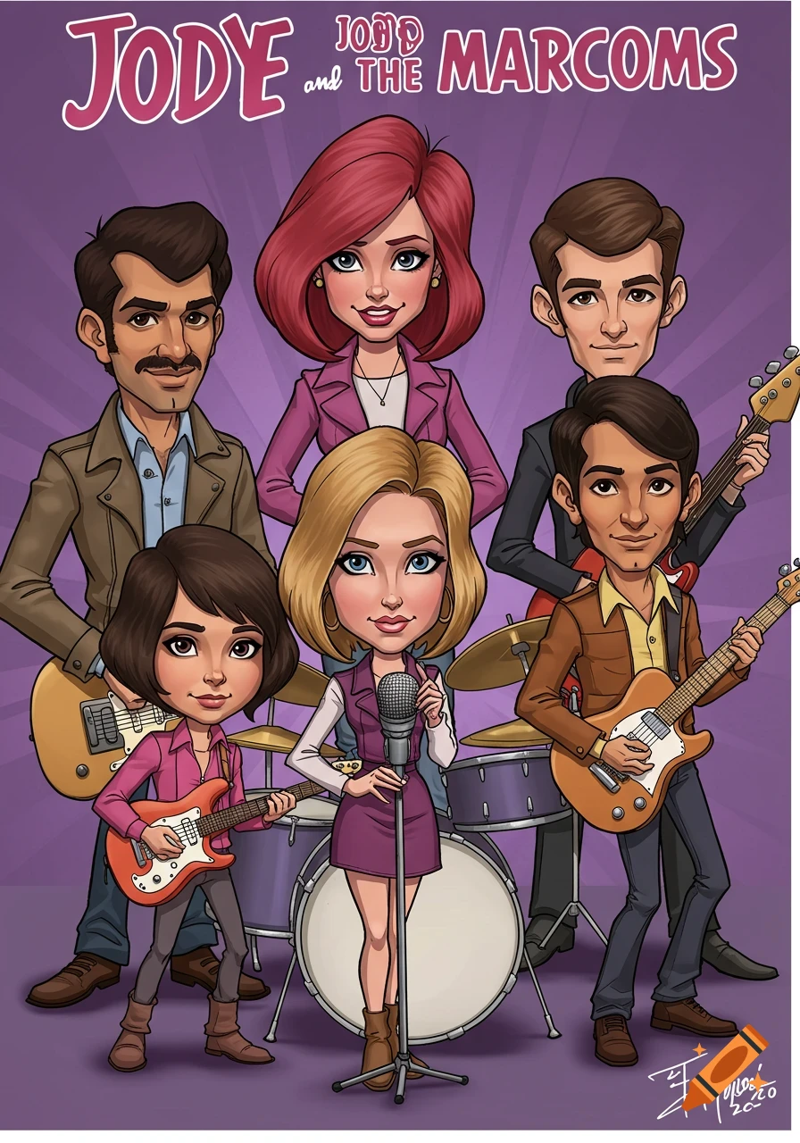 Cartoon caricature of a band, Jody and the MarComs, in the style of Josie and the Pussycats. Six members pose with instruments.
