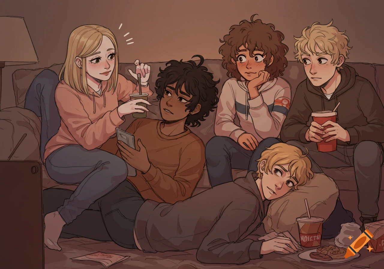 A group of friends relax on a couch, watching something in a warm sketch drawing style.