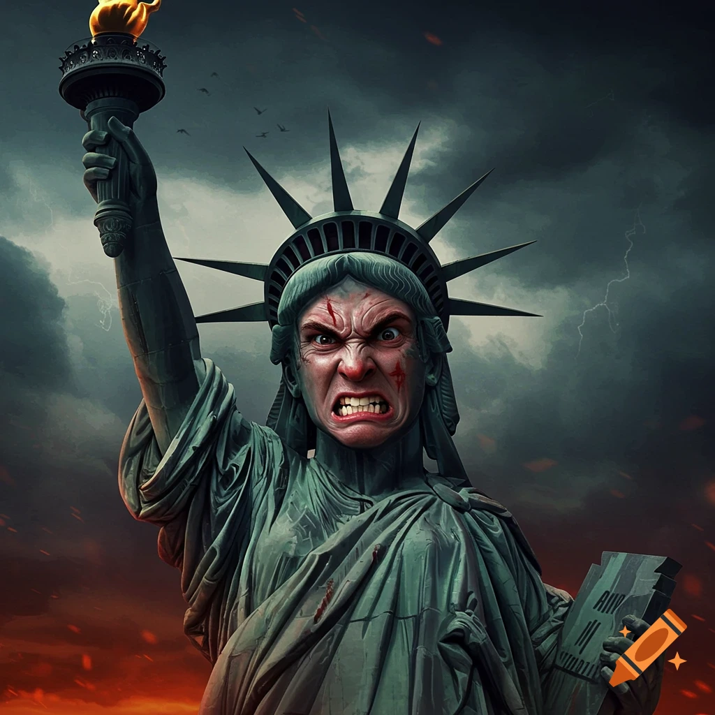 Angry Statue of Liberty against a stormy, fiery sky
