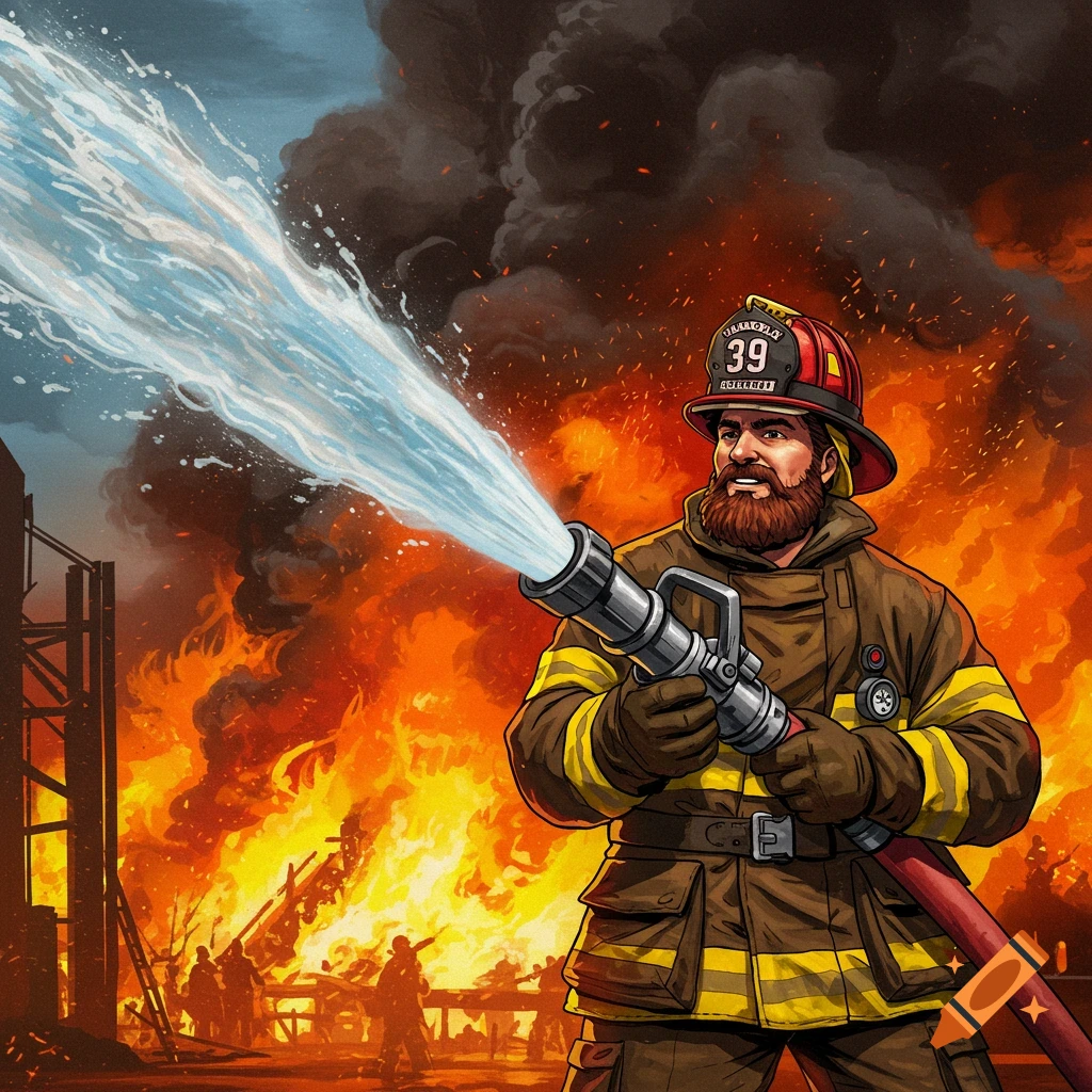 Illustration of a bearded firefighter squirting water on a large fire.